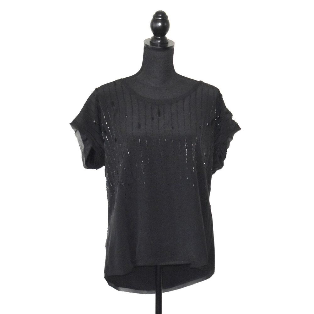 EILEEN FISHER Black Silk Sequin Beaded Short Sleeve Blouse Top Size L